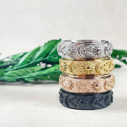 Celestial Stainless Steel Spinner Band Ring: Black / 8