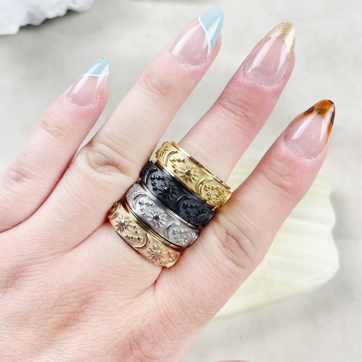 Celestial Stainless Steel Spinner Band Ring: Black / 8