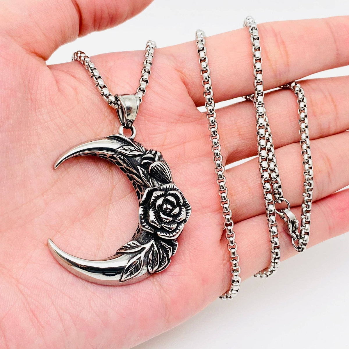 Mio Queena - Rose Crescent Moon Charm Stainless Steel Necklace -MJ/MNP/MS: Pendant + chain