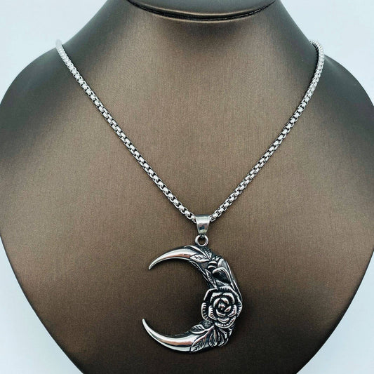 Rose Crescent Moon Charm/Stainless Steel Necklace