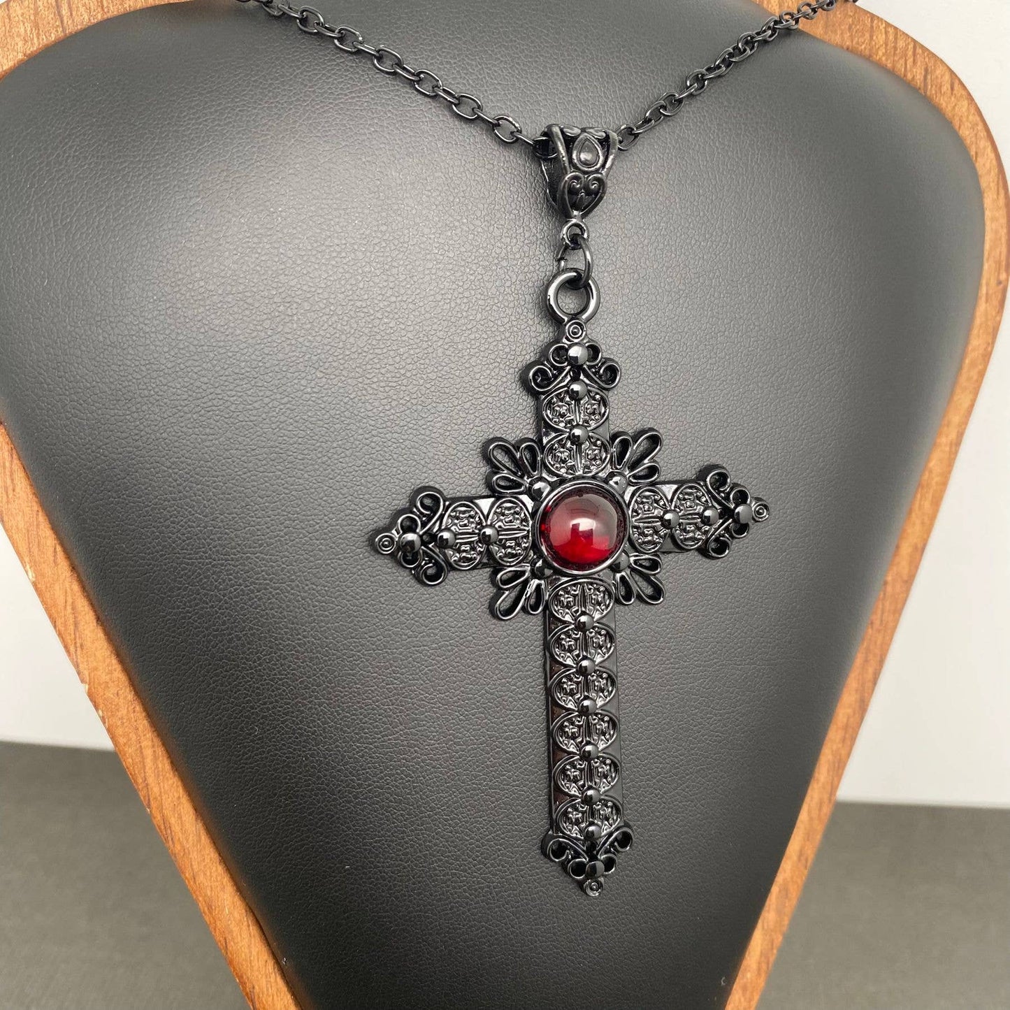 Mio Queena - Gothic Red Glass Inlaid Cross Charm Necklace - GT