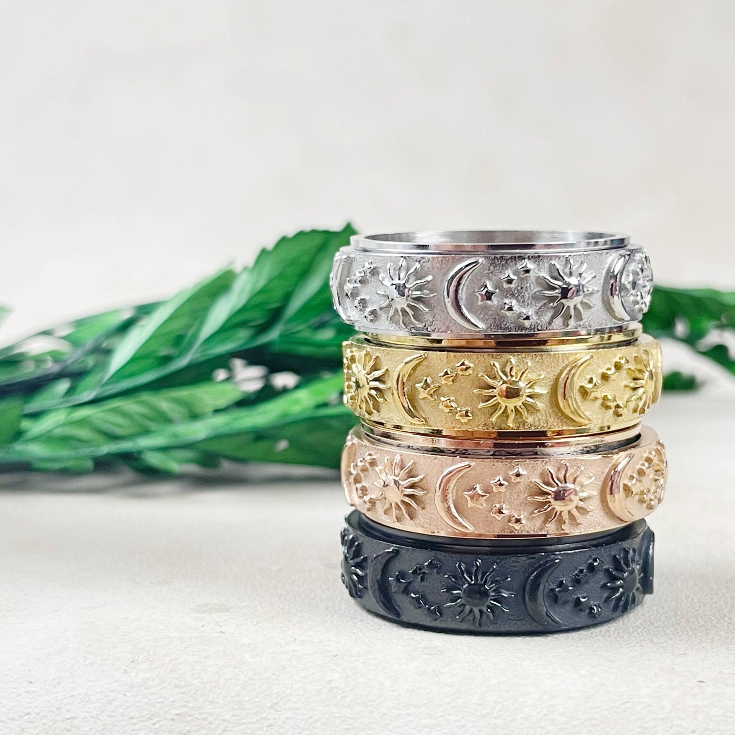 Celestial Stainless Steel Spinner Band Ring: Black / 8