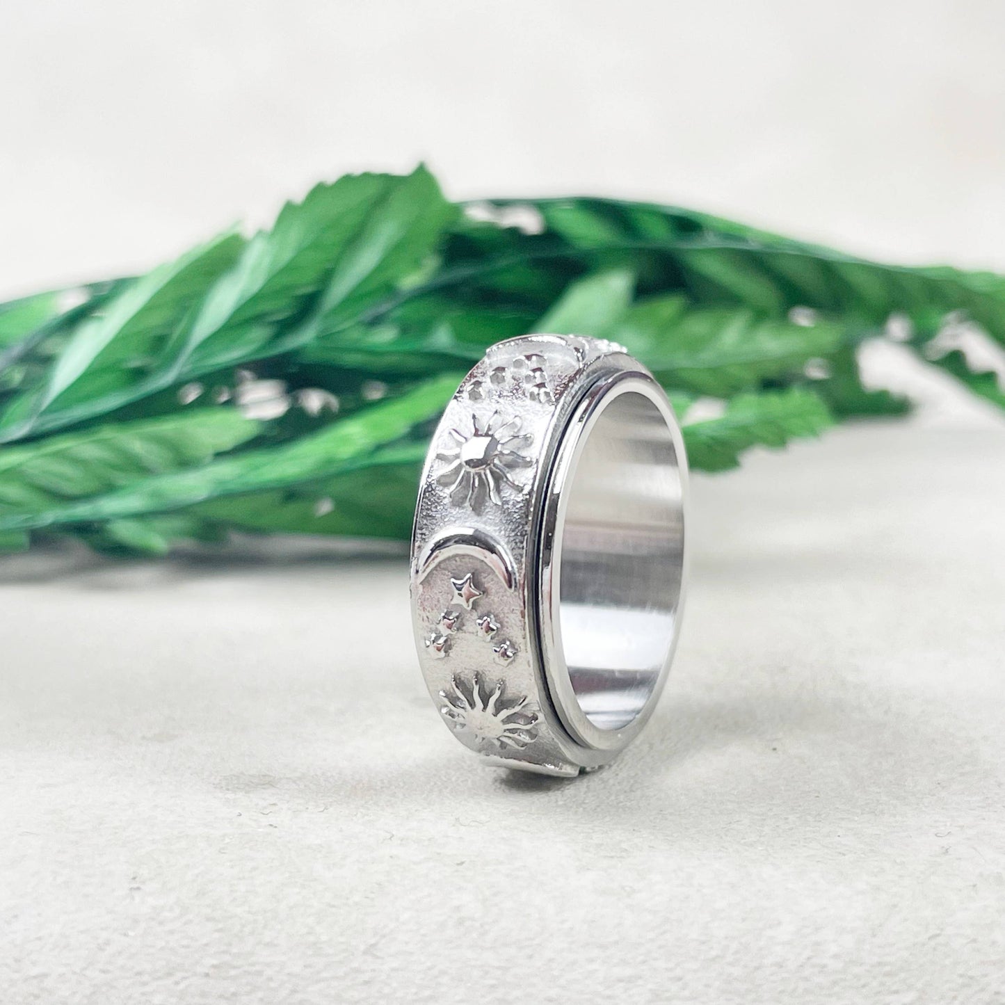 Celestial Stainless Steel Spinner Band Ring: Black / 8