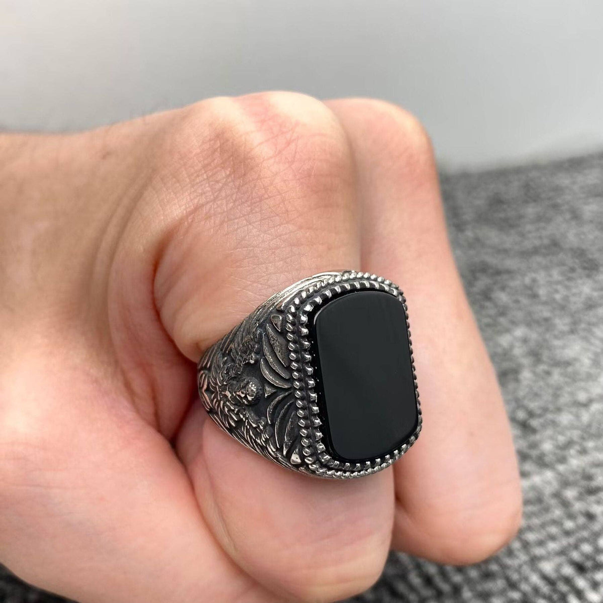 Mio Queena - Inlaid Black Agate Stainless Steel Carved Ring - MJ/MR: 8