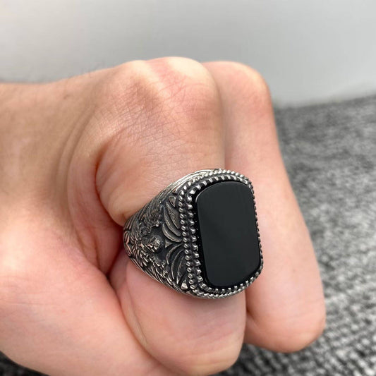 Inlaid Black Agate Stainless Steel Carved Men's Ring