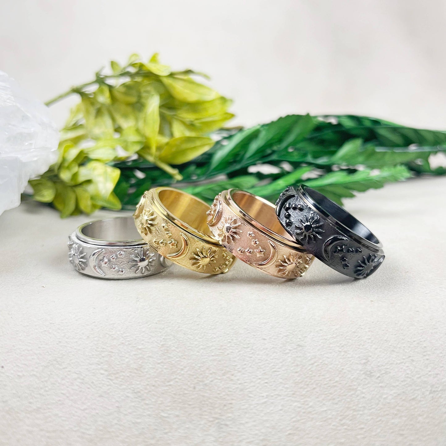 Celestial Stainless Steel Spinner Band Ring: Black / 8